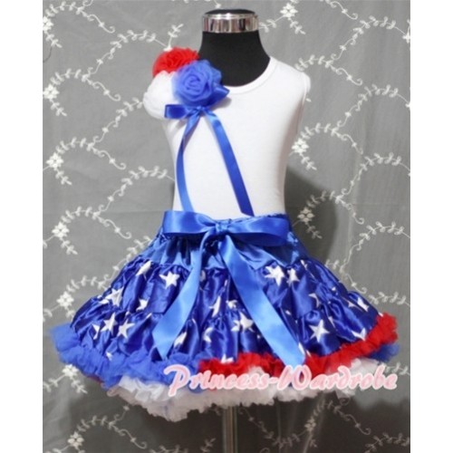 Patriotic America Star Pettiskirt with Bunch of Red White Royal Blue Rosettes with Royal Blue Bow White Tank Top MG72 