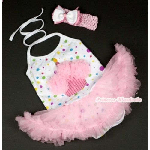 White Rainbow Dots Baby Halter Jumpsuit Light Pink Pettiskirt With Light Pink Rosettes Birthday Cake Print With Light Pink Headband White & Light Pink White Dots Ribbon Bow JS856 