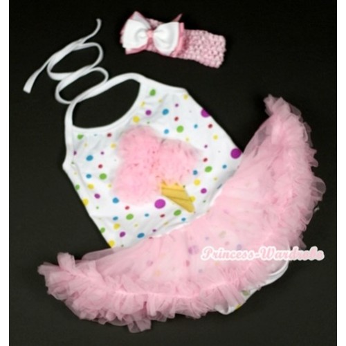 White Rainbow Dots Baby Halter Jumpsuit Light Pink Pettiskirt With Light Pink Rosettes Ice Cream Print With Light Pink Headband White & Light Pink White Dots Ribbon Bow JS857 