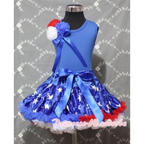Patriotic America Star Pettiskirt with Bunch of Red White Blue Rosettes with Ribbon Royal Blue Tank Top MG73 