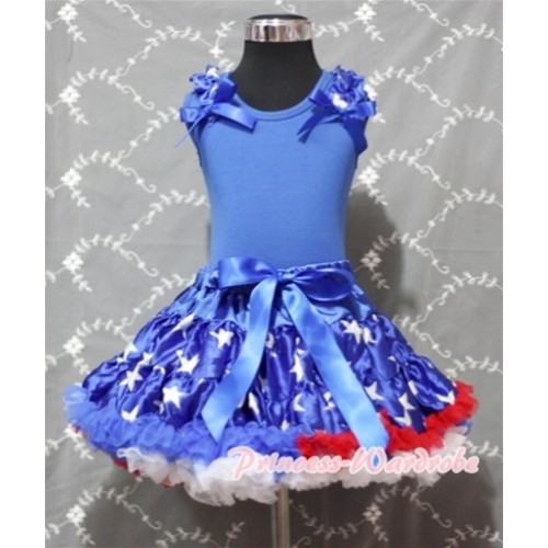 Patriotic America Star Pettiskirt with Blue White Star Ruffles and Royal Blue Bows Royal Blue Tank Top MN46 