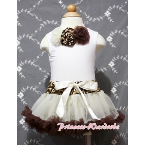 White Baby Pettitop & Cream White Leopard Brown Rosettes with Cream Leopard Waist Baby Pettiskirt NG384 