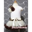 White Baby Pettitop & Bunch of Cream Leopard Brown Rosettes & Ribbon with Cream Leopard Waist Baby Pettiskirt NG385 