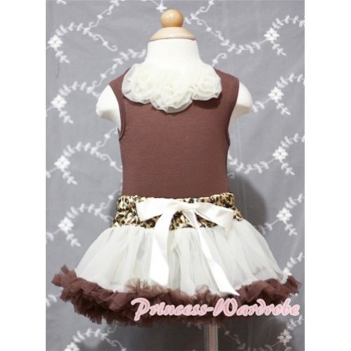 Brown Baby Pettitop & Cream White Rosettes with Cream Leopard Waist Baby Pettiskirt NG386 