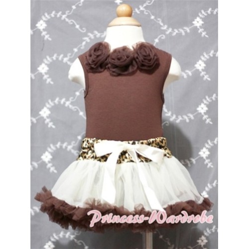Brown Baby Pettitop & Brown Rosettes with Cream Leopard Waist Baby Pettiskirt NG387 