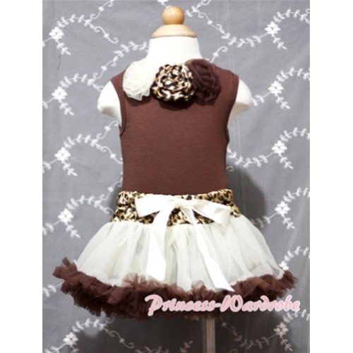 Brown Baby Pettitop & Cream Leopard Brown Rosettes with Cream Leopard Waist Baby Pettiskirt NG388 