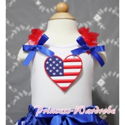 Patriotic America Heart White Tank Top with Red Ruffles Royal Blue Bows TM192 