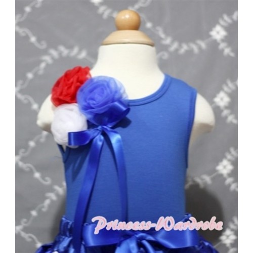 Royal Blue Tank Top with Bunch of Red White Royal Blue Rosettes & Royal Blue Bow TM195 