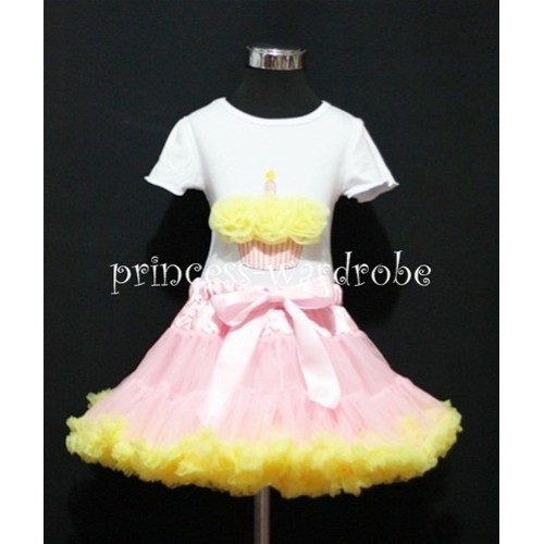Light Pink and Yellow Pettiskirt With White Birthday Cake Short Sleeves Top with Yellow Rosette SC42 