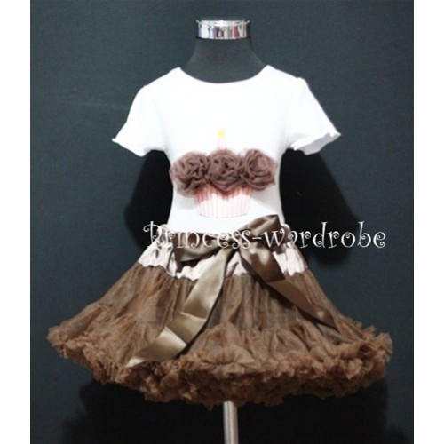Brown Pettiskirt With White Birthday Cake Short Sleeves Top with Brown Rosettes SC44 