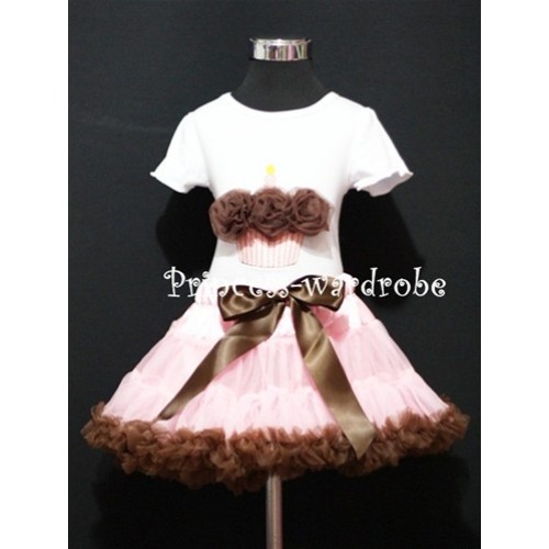 Light Pink and Brown Pettiskirt With White Birthday Cake Short Sleeves Top with Brown Rosettes SC45 