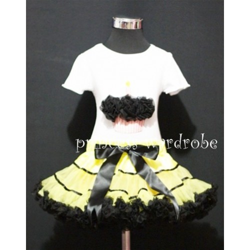 Yellow Black Trim Pettiskirt With White Birthday Cake Short Sleeves Top with Black Rosettes SC48 