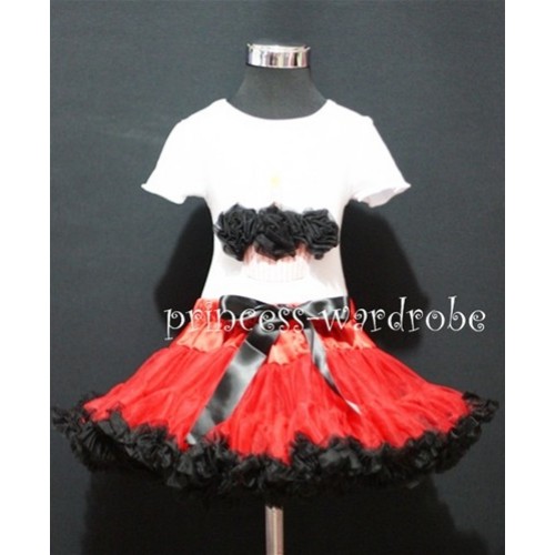 Red and Black Pettiskirt With White Birthday Cake Short Sleeves Top with Black Rosettes SC50 