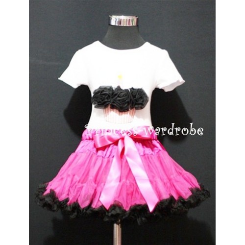 Hot Pink and Black Pettiskirt With White Birthday Cake Short Sleeves Top with Black Rosettes SC54 