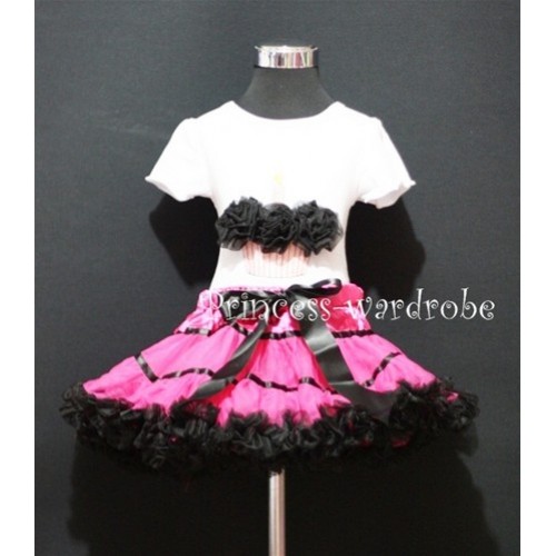 Hot Pink Black Trim Pettiskirt With White Birthday Cake Short Sleeves Top with Black Rosettes SC58 