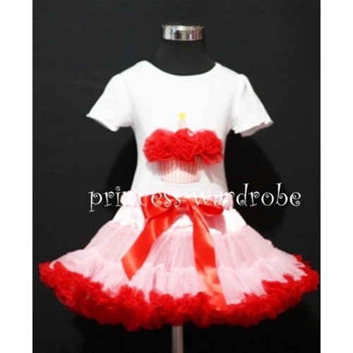 Light Pink and Red Pettiskirt With White Birthday Cake Short Sleeves Top with Red Rosettes SC60 