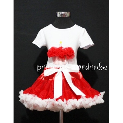Red and White Pettiskirt With White Birthday Cake Short Sleeves Top with Red Rosettes SC62 