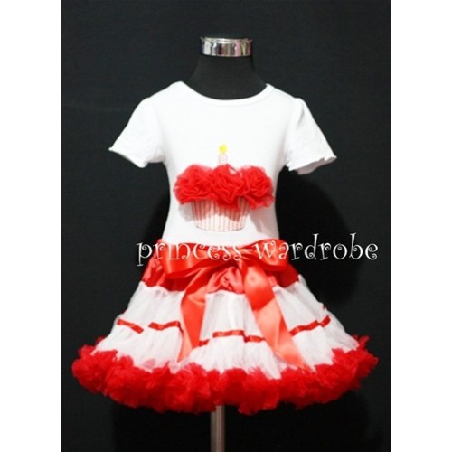 Red White Trim Pettiskirt With White Short Sleeves Top with Red Rosettes Birthday Cake SC63 