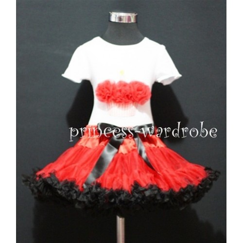 Red and Black Pettiskirt With White Birthday Cake Short Sleeves Top with Red Rosettes SC64 