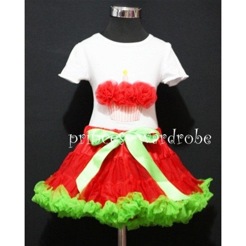 Red and Green Pettiskirt With White Birthday Cake Short Sleeves Top with Red Rosettes SC65 