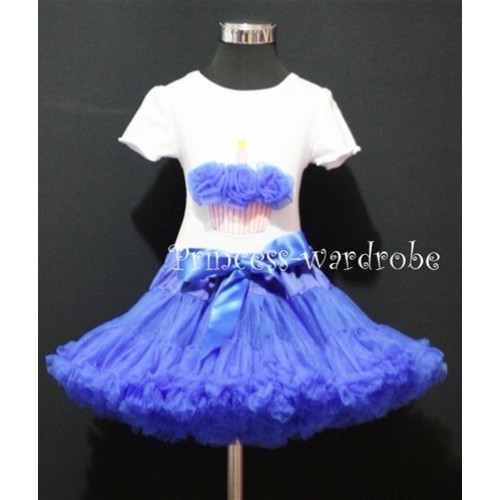 Royal Blue Pettiskirt With White Birthday Cake Short Sleeves Top with Royal Blue Rosettes SC72 