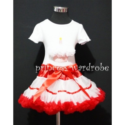 Red White Trim Pettiskirt With White Birthday Cake Short Sleeves Top with White Rosettes SC75 