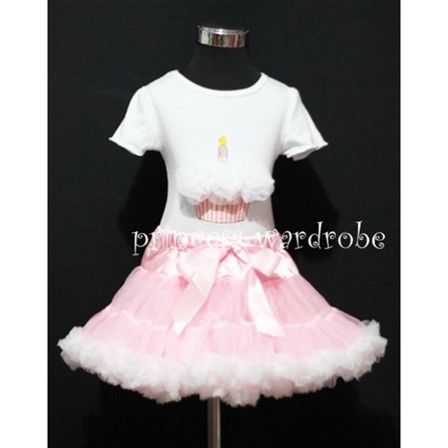 Light Pink and White Pettiskirt With White Birthday Cake Short Sleeves Top with White Rosettes SC76 