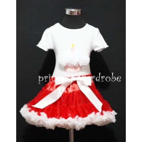Red and White Pettiskirt With White Birthday Cake Short Sleeves Top with White Rosettes SC77 