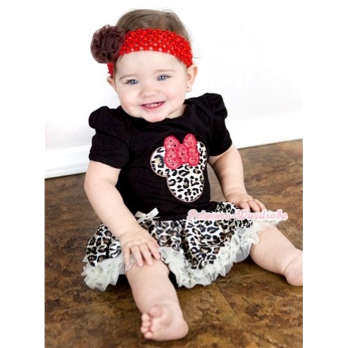 Black Baby Jumpsuit Cream White Leopard Pettiskirt With Leopard Minnie Print With Red Headband Brown Rose JS879 