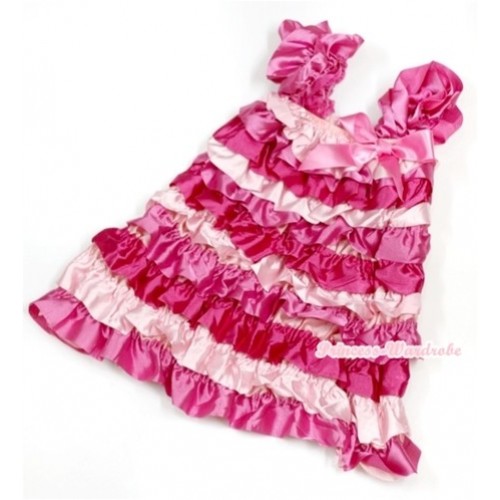 Hot Light Pink Satin Ruffles Layer One Piece Dress With Cap Sleeve With Hot Pink Bow RD013 