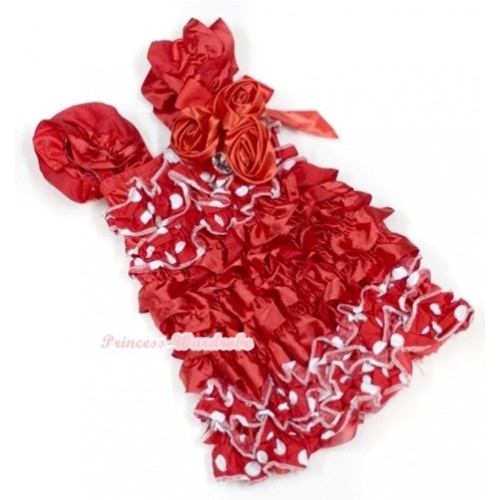 Red Minnie Polka Dots Satin Ruffles Layer One Piece Dress With Cap Sleeve With Red Bow & Bunch Of Red Satin Rosettes & Crystal RD018 