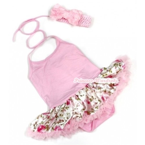 Light Pink Baby Halter Jumpsuit Light Pink Rose Fusion Pettiskirt With Light Pink Headband Romantic Rose Bow JS890 