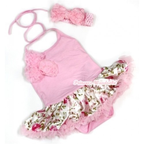 Light Pink Baby Halter Jumpsuit Light Pink Rose Fusion Pettiskirt With Bunch of Light Pink Rosettes With Light Pink Headband Light Pink Romantic Rose Bow JS891 