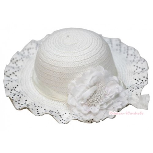 Pure White Black Polka Dots With Cute Bow Summer Beach Straw Hat With White Peony H696 