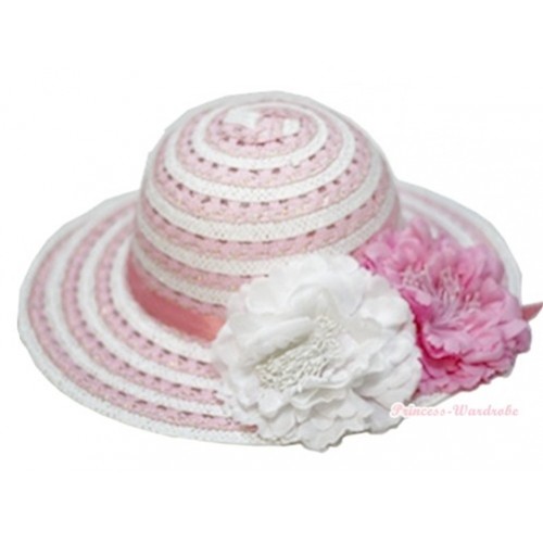 Light Pink White Striped With Light Pink Crytsal Bow Summer Beach Straw Hat With White & Light Pink Peony H697 