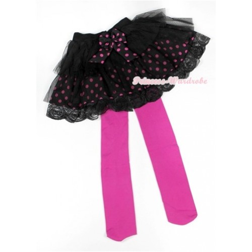 Black Hot Pink Polka Dots Tiered Layer Skirt Dress With Hot Pink Leggings 2PC set B154 