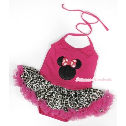 Hot Pink Baby Halter Jumpsuit Hot Pink Leopard Pettiskirt With Hot Pink Minnie Print JS910 