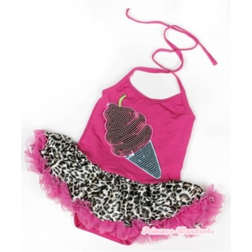 Hot Pink Baby Halter Jumpsuit Hot Pink Leopard Pettiskirt With Sparkle Ice Cream Print JS916 