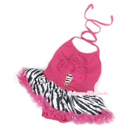 Hot Pink Baby Halter Jumpsuit Hot Pink Zebra Pettiskirt With Hot Pink Rosettes Zebra Ice Cream Print JS918 