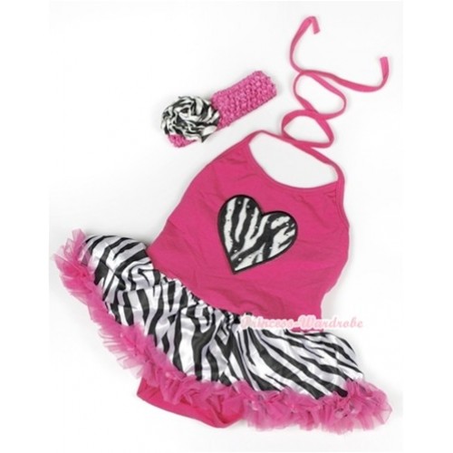 Hot Pink Baby Halter Jumpsuit Hot Pink Zebra Pettiskirt With Zebra Heart Print With Hot Pink Headband Zebra Rose JS945 