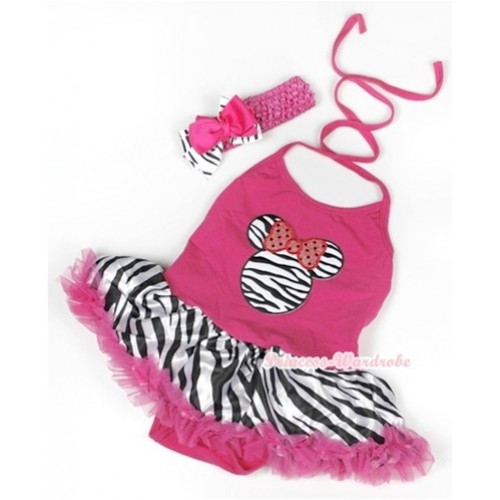 Hot Pink Baby Halter Jumpsuit Hot Pink Zebra Pettiskirt With Zebra Minnie Print With Hot Pink Headband Hot Pink Zebra Ribbon Bow JS947 