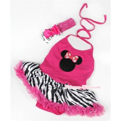 Hot Pink Baby Halter Jumpsuit Hot Pink Zebra Pettiskirt With Hot Pink Minnie Print With Hot Pink Headband Hot Pink Zebra Ribbon Bow JS948 