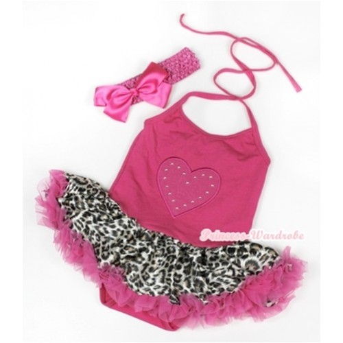 Hot Pink Baby Halter Jumpsuit Hot Pink Leopard Pettiskirt With Hot Pink Heart Print With Hot Pink Headband Hot Pink Silk Bow JS932 
