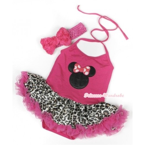 Hot Pink Baby Halter Jumpsuit Hot Pink Leopard Pettiskirt With Hot Pink Minnie Print With Hot Pink Headband Hot Pink Romantic Rose Bow JS937 