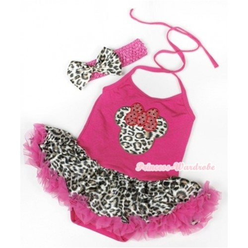 Hot Pink Baby Halter Jumpsuit Hot Pink Leopard Pettiskirt With Leopard Minnie Print With Hot Pink Headband Leopard Satin Bow JS938 