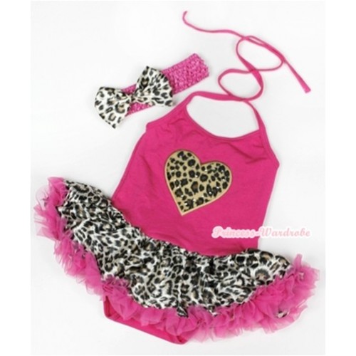 Hot Pink Baby Halter Jumpsuit Hot Pink Leopard Pettiskirt With Leopard Heart Print With Hot Pink Headband Leopard Satin Bow JS939 