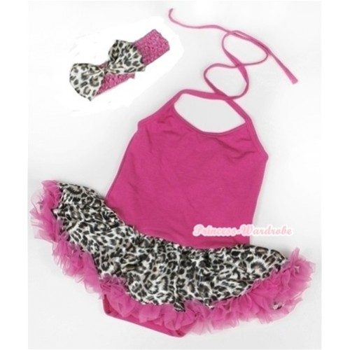 Hot Pink Baby Halter Jumpsuit Hot Pink Leopard Pettiskirt With Hot Pink Headband Leopard Satin Bow JS926 