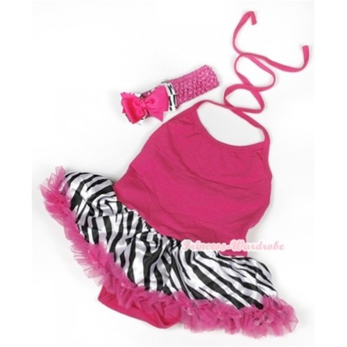 Hot Pink Baby Halter Jumpsuit Hot Pink Zebra Pettiskirt With Hot Pink Headband Hot Pink Zebra Ribbon Bow JS927 