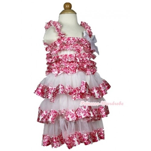 White Hot Pink Damask Satin Ruffles Layer One Piece Dress With White Bow RD028 