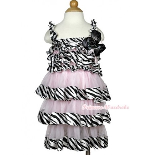 Light Pink Zebra Satin Ruffles Layer One Piece Dress With Light Pink Bow & Bunch Of Black Satin Rosettes & Crystal RD029 